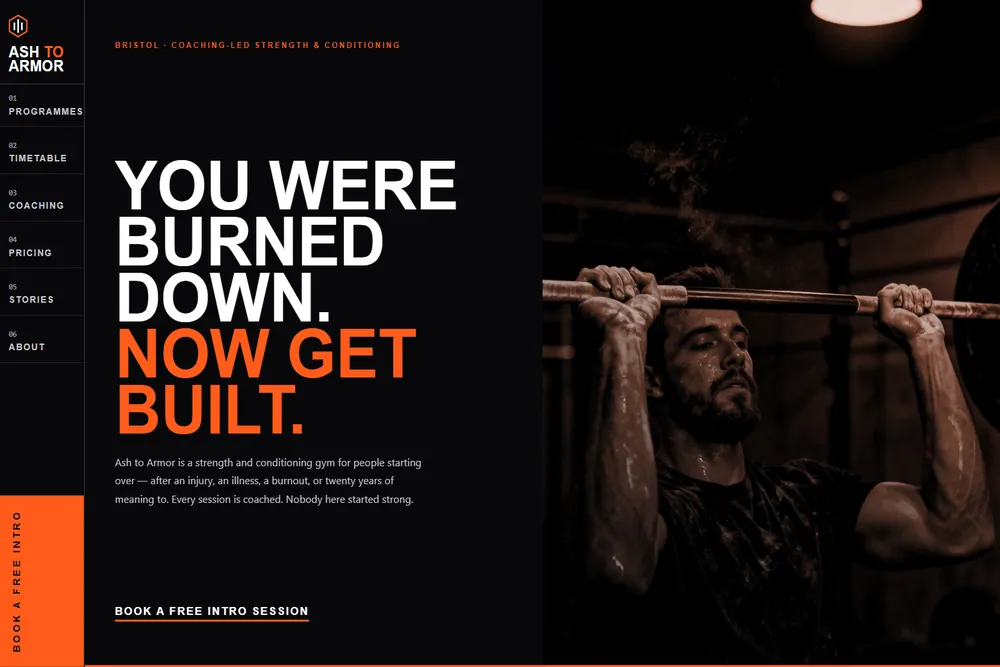 Ash to Armor gym website homepage